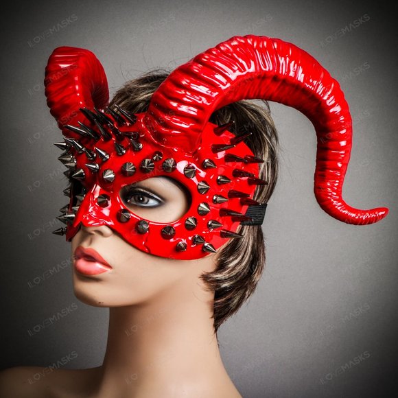 Demon Steampunk Spikes Devil with Back Twisted Horns Masquerade Eye Mask RED - Picture 4 of 7